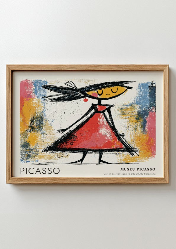 Wall art print of The Dancer by Pablo Picasso featuring vibrant colors and a playful figure in a red dress