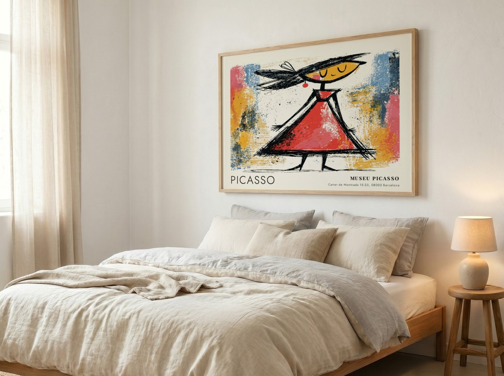 Wall art print of The Dancer by Pablo Picasso featuring vibrant colors and a playful figure in a red dress