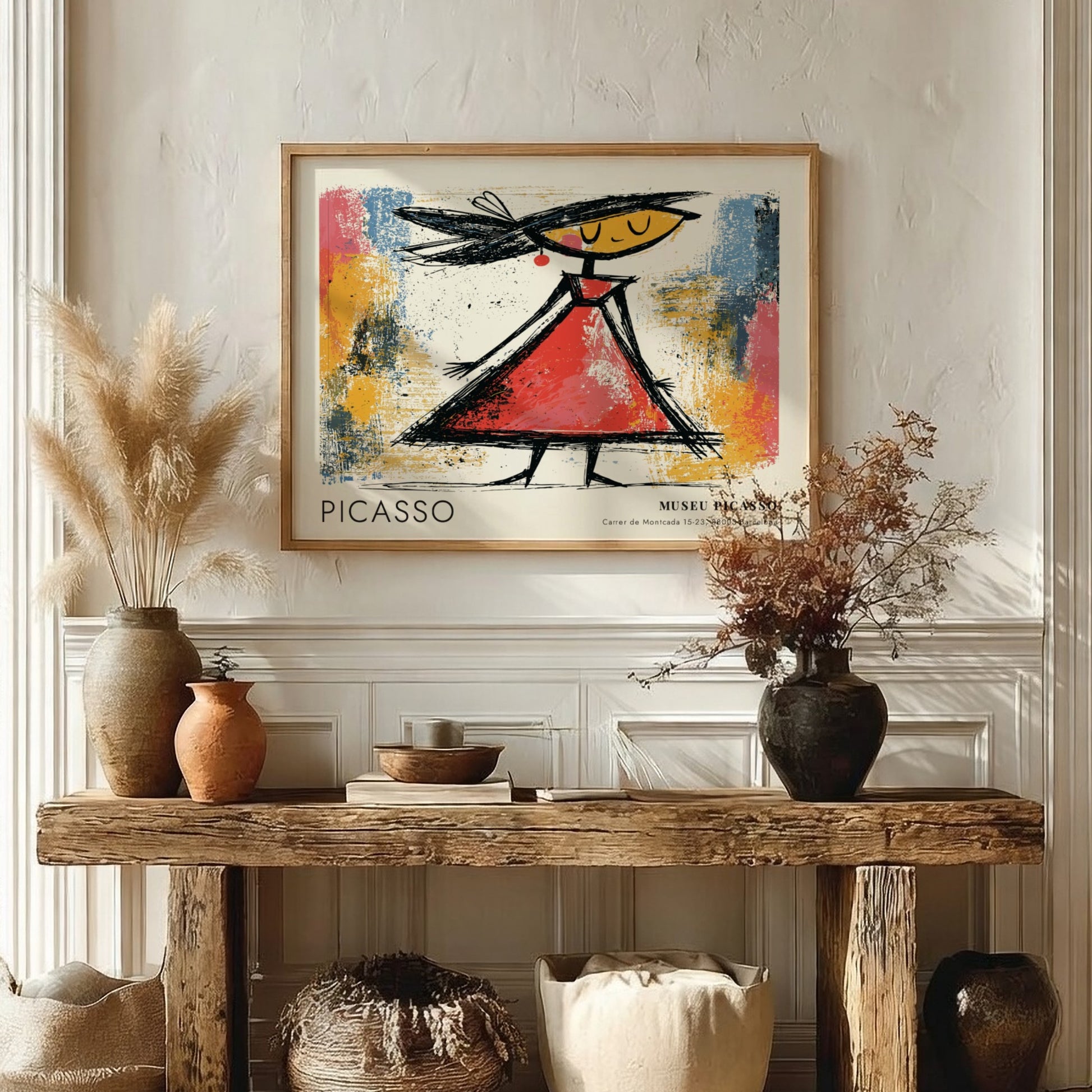 Wall art print of The Dancer by Pablo Picasso featuring vibrant colors and a playful figure in a red dress
