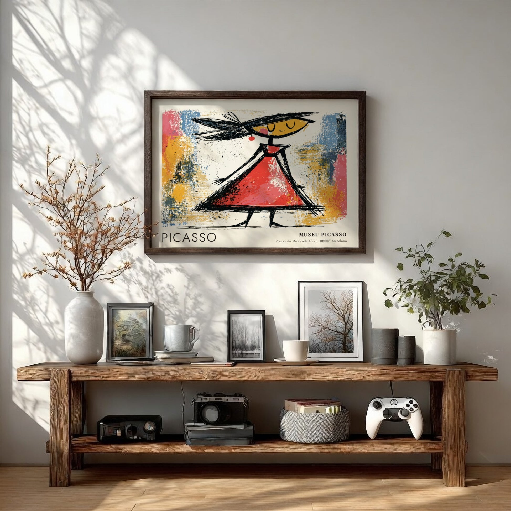 Wall art print of The Dancer by Pablo Picasso featuring vibrant colors and a playful figure in a red dress
