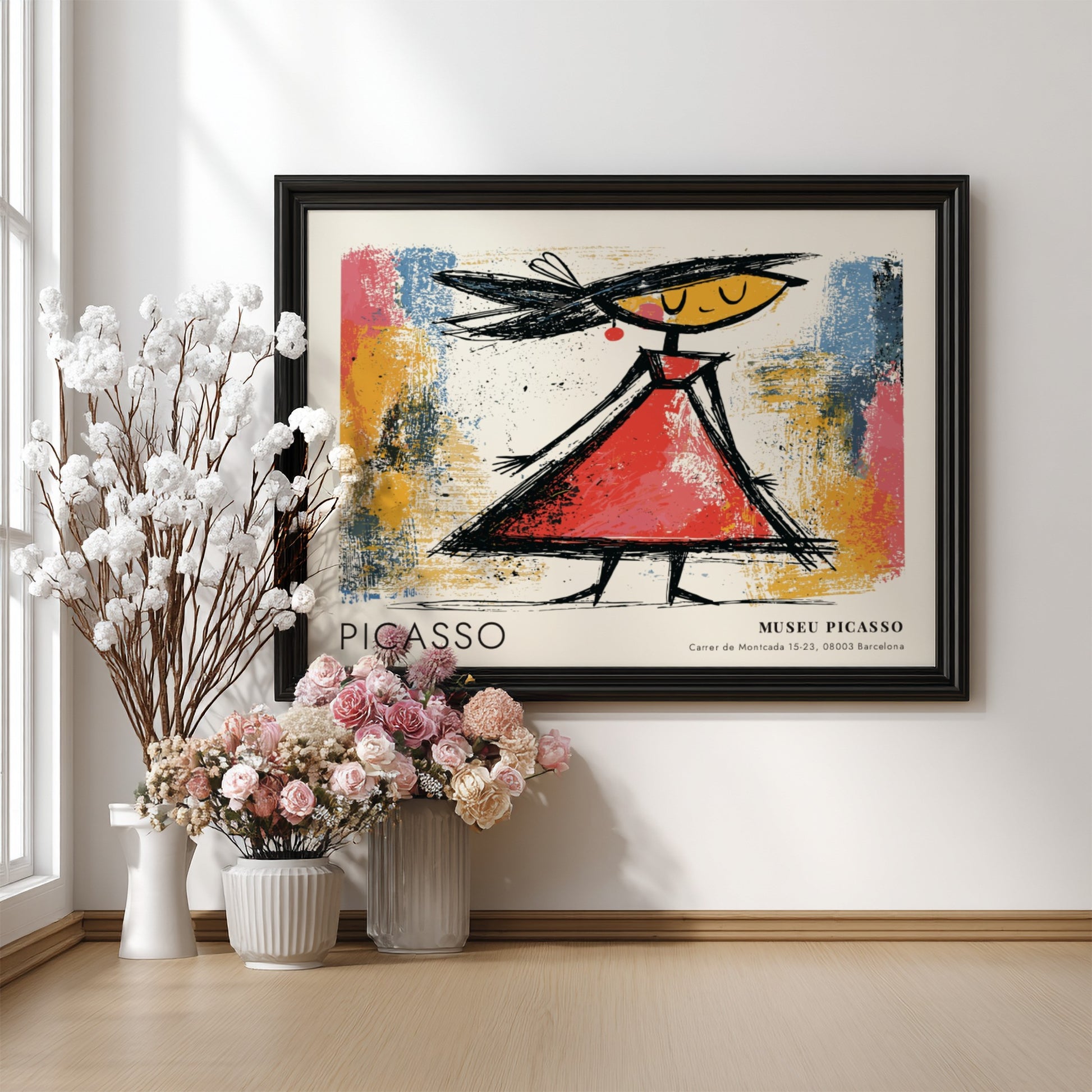Wall art print of The Dancer by Pablo Picasso featuring vibrant colors and a playful figure in a red dress