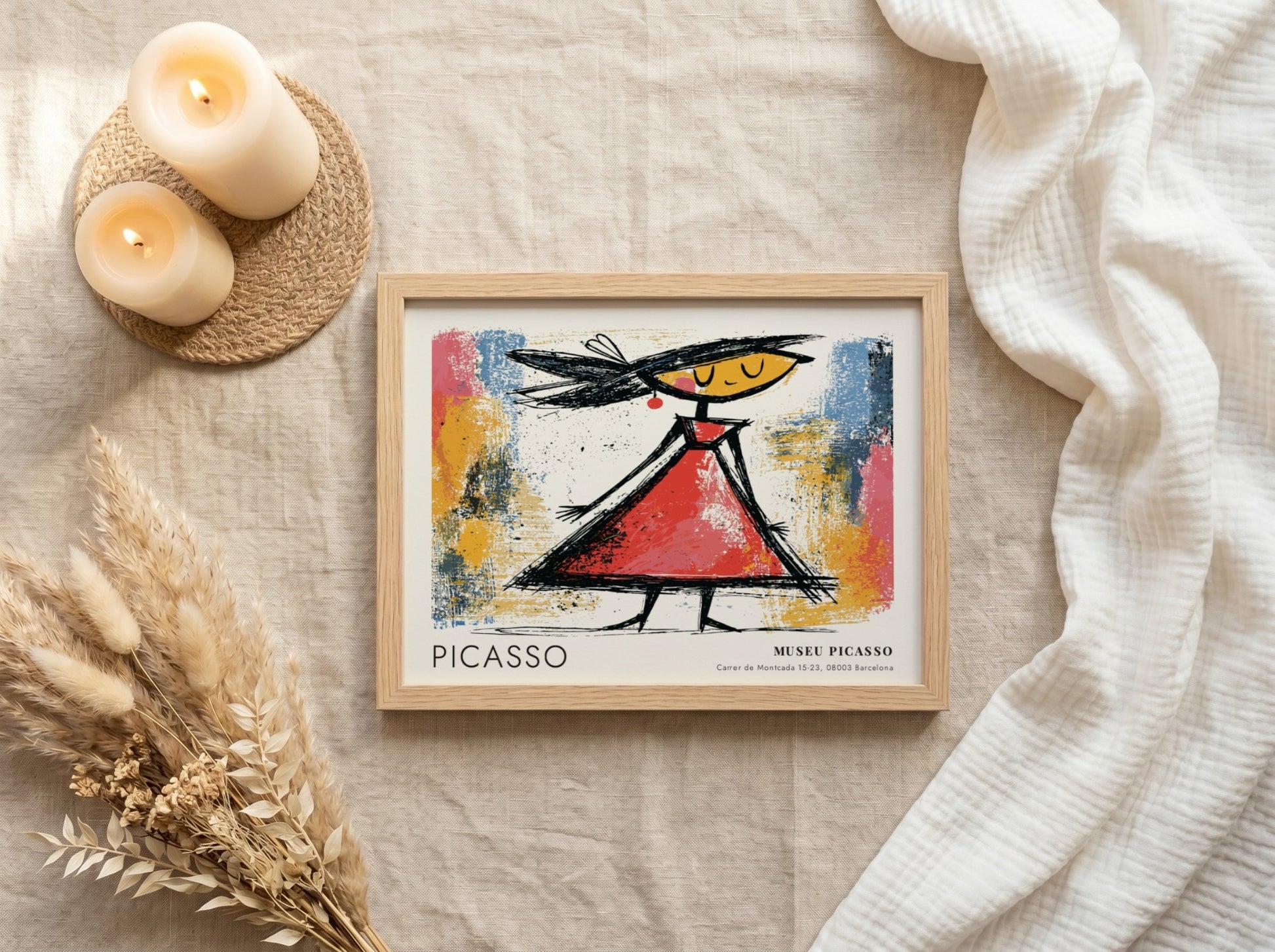 Wall art print of The Dancer by Pablo Picasso featuring vibrant colors and a playful figure in a red dress
