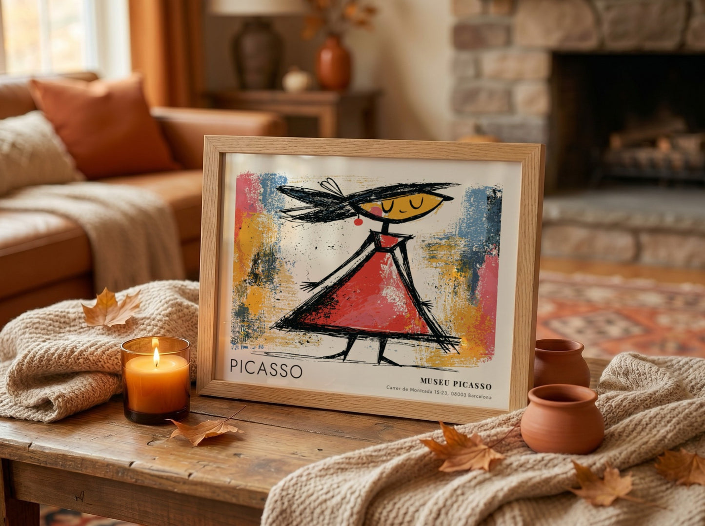 Wall art print of The Dancer by Pablo Picasso featuring vibrant colors and a playful figure in a red dress