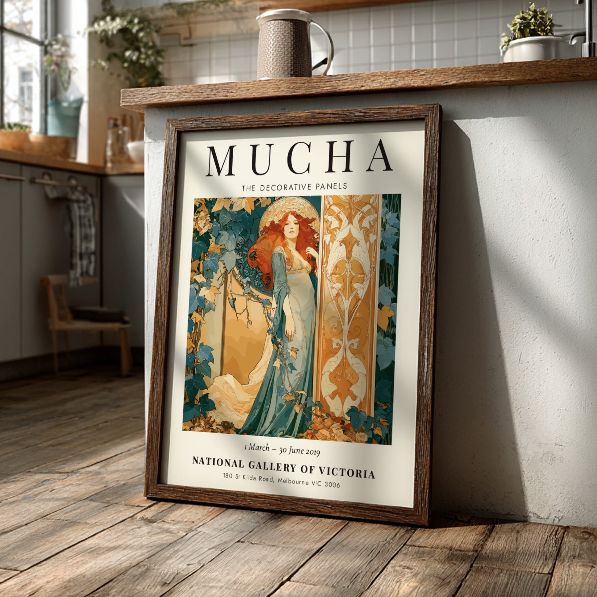 Alphonse Mucha poster featuring The Decorative Panels with warm colors and intricate Art Nouveau design