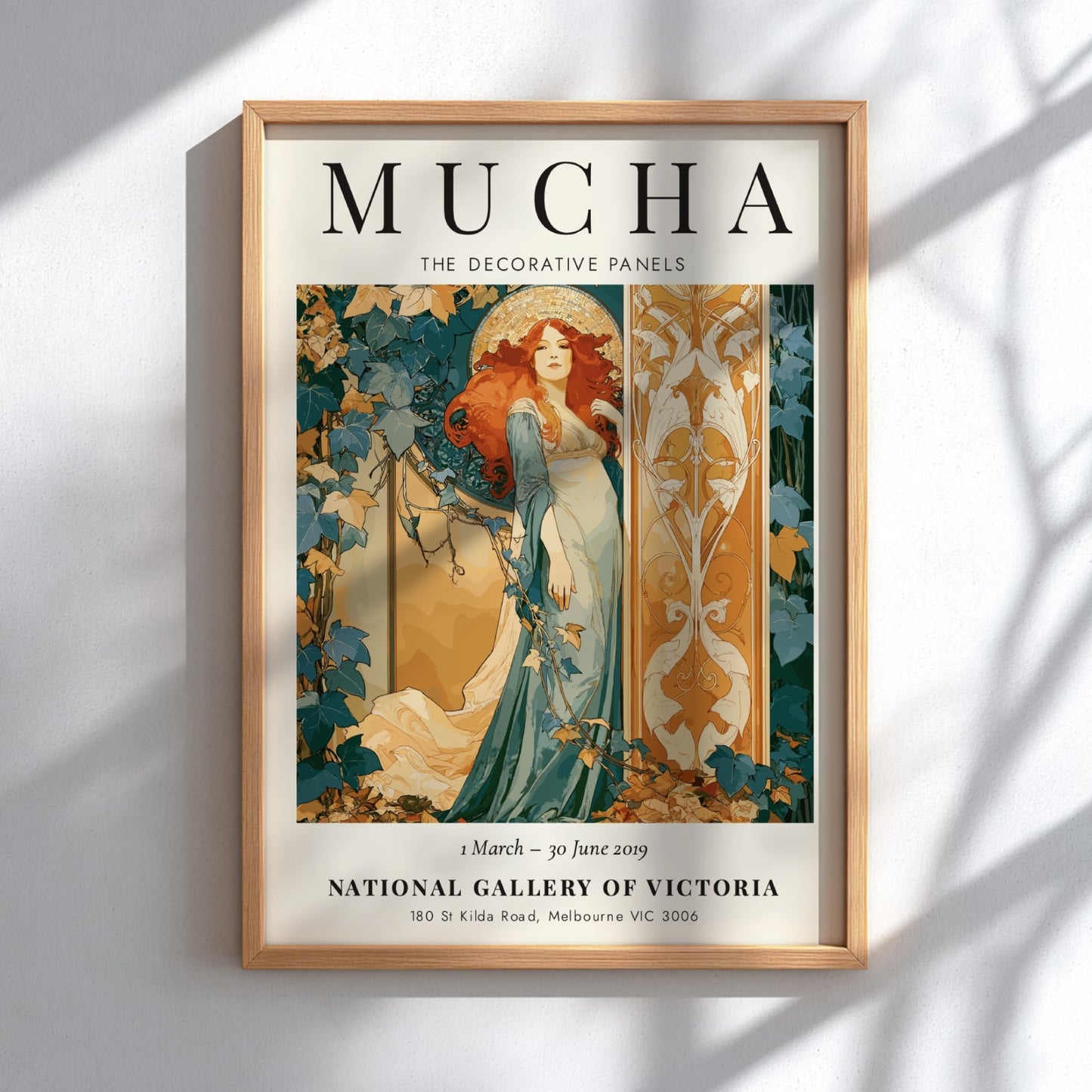 Alphonse Mucha poster featuring The Decorative Panels with warm colors and intricate Art Nouveau design