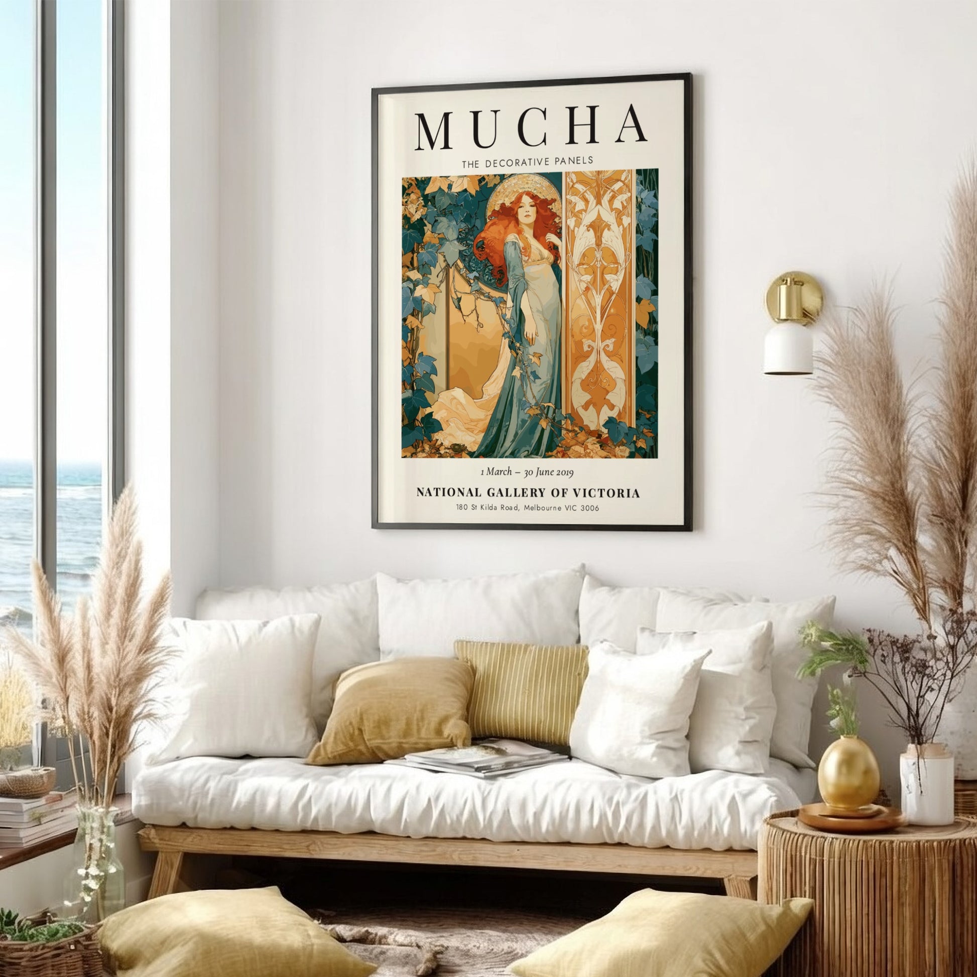 Alphonse Mucha poster featuring The Decorative Panels with warm colors and intricate Art Nouveau design