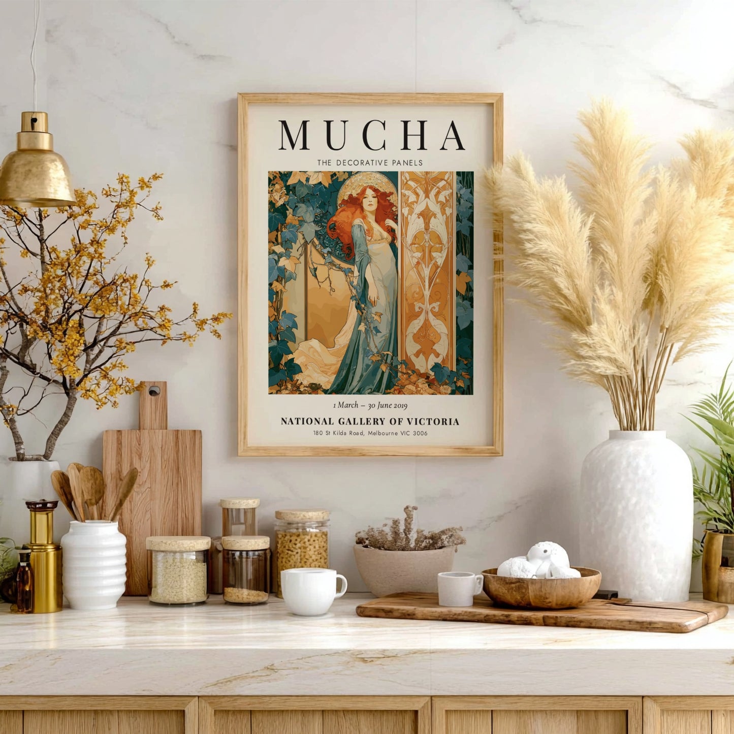 Alphonse Mucha poster featuring The Decorative Panels with warm colors and intricate Art Nouveau design