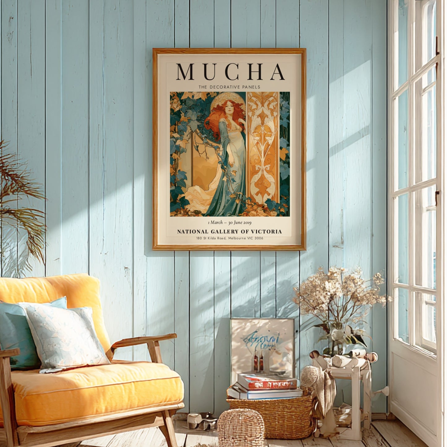 Alphonse Mucha poster featuring The Decorative Panels with warm colors and intricate Art Nouveau design