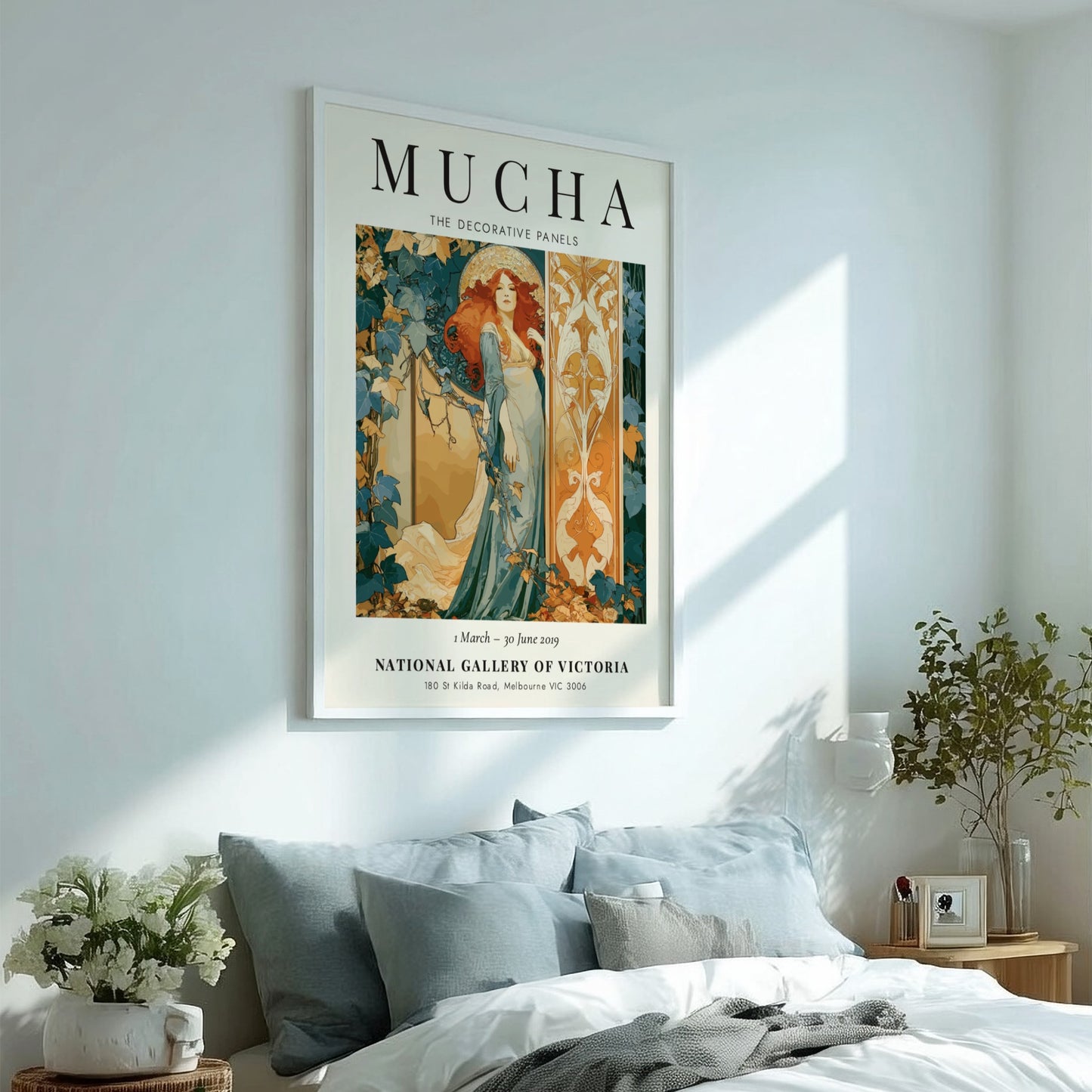 Alphonse Mucha poster featuring The Decorative Panels with warm colors and intricate Art Nouveau design