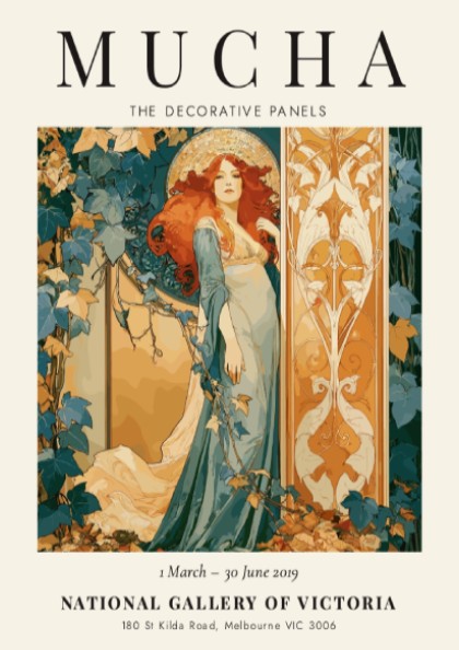 Alphonse Mucha poster featuring The Decorative Panels with warm colors and intricate Art Nouveau design