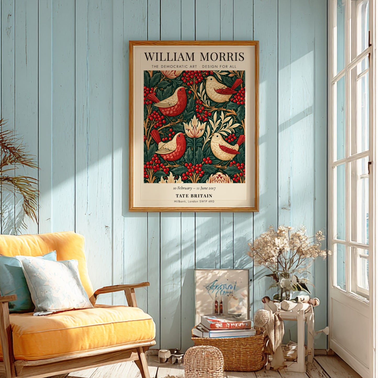 William Morris Poster featuring vibrant birds and foliage in rich colours