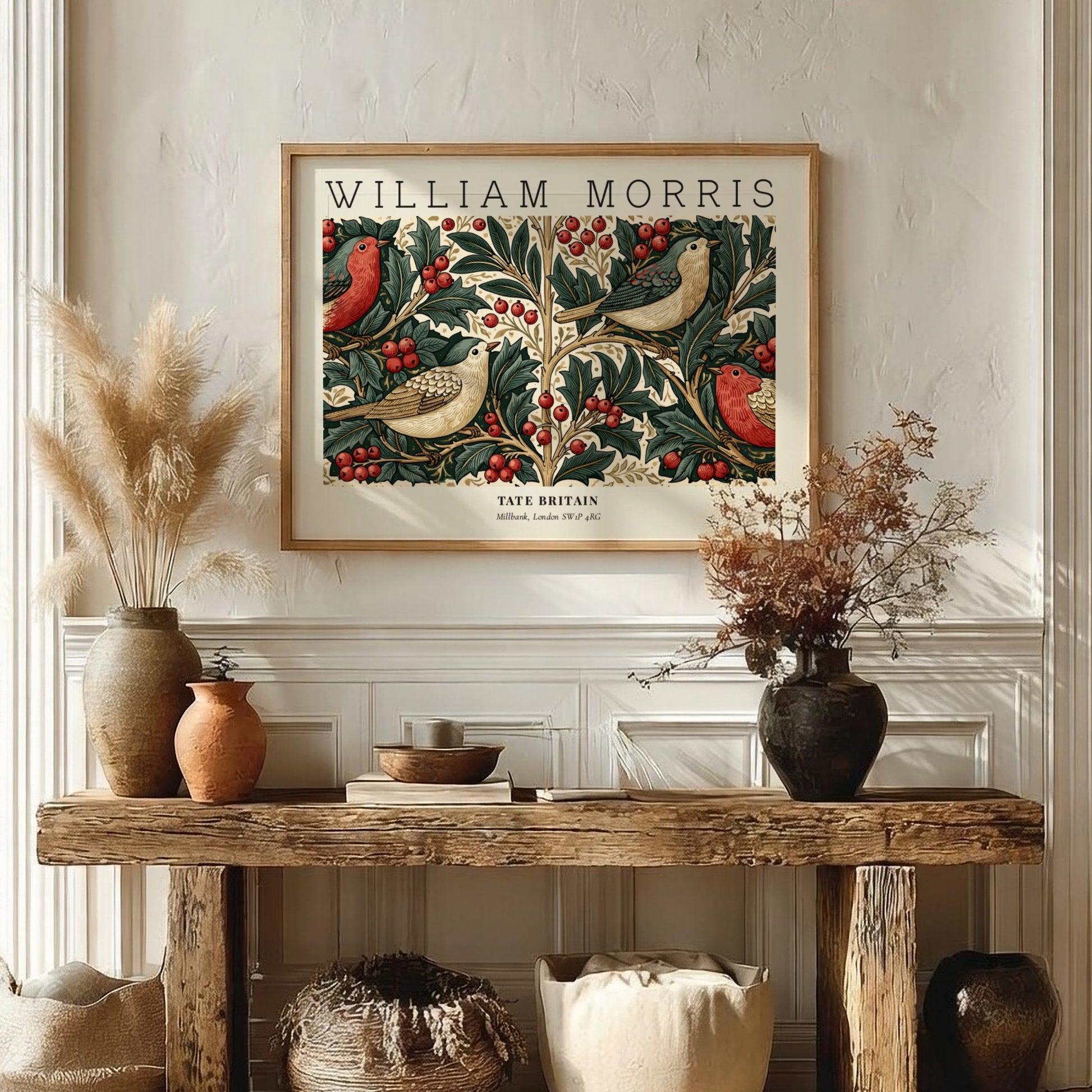 William Morris vintage wall art print featuring birds and foliage in rich colors