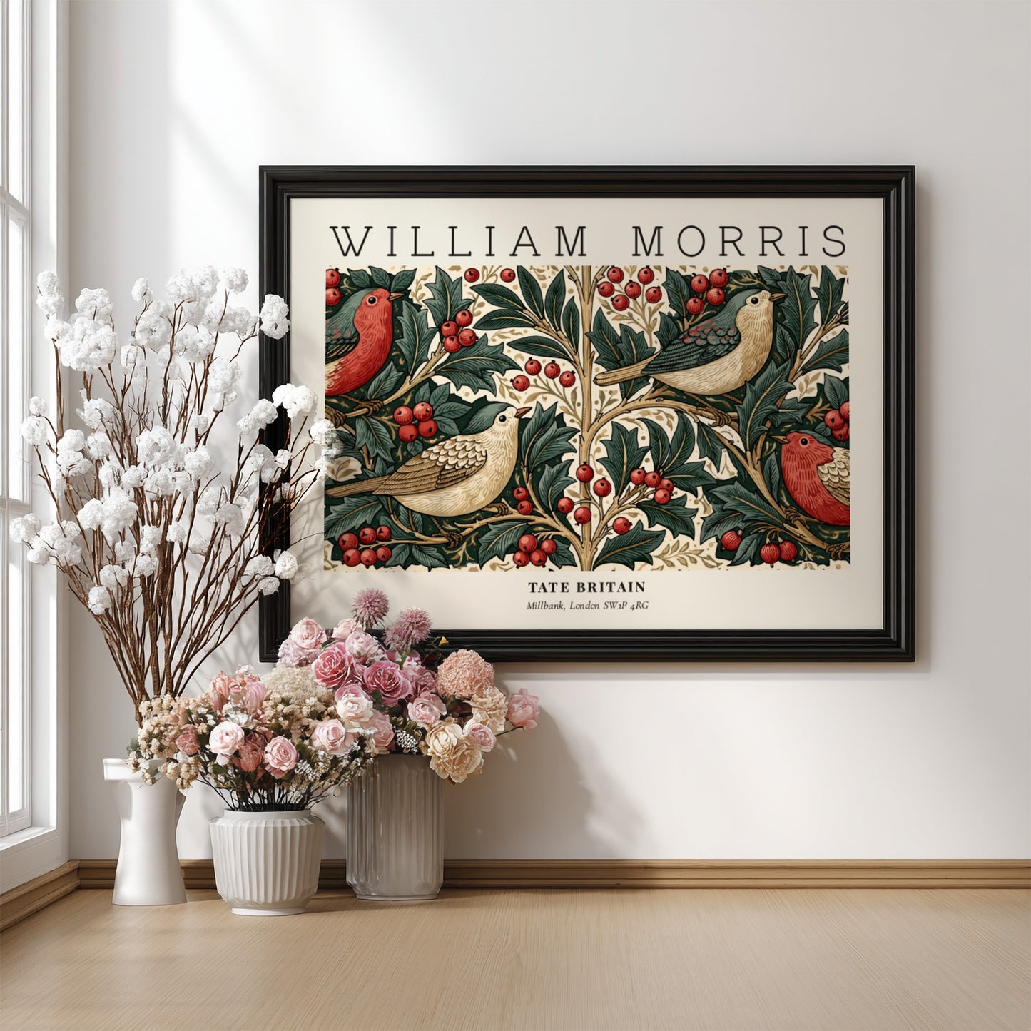 William Morris vintage wall art print featuring birds and foliage in rich colors