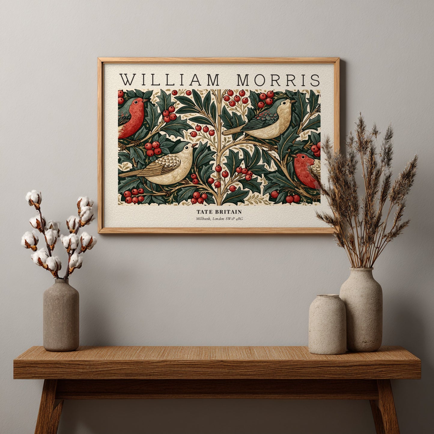 William Morris vintage wall art print featuring birds and foliage in rich colors