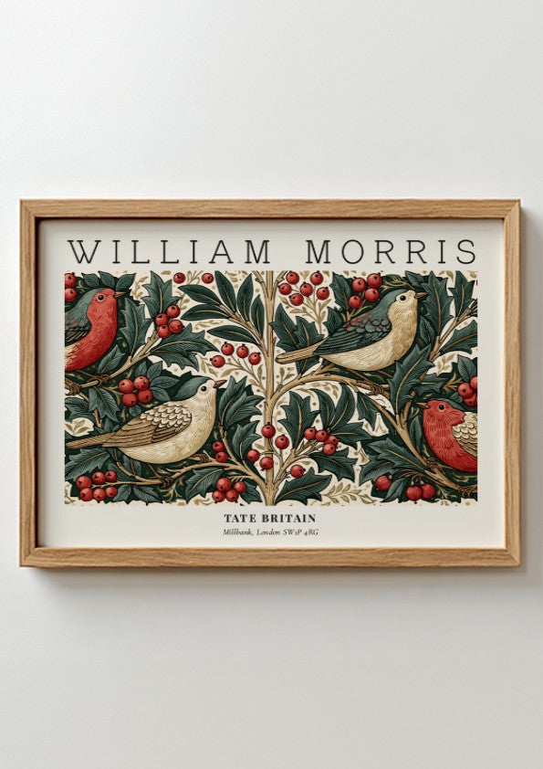 William Morris vintage wall art print featuring birds and foliage in rich colors