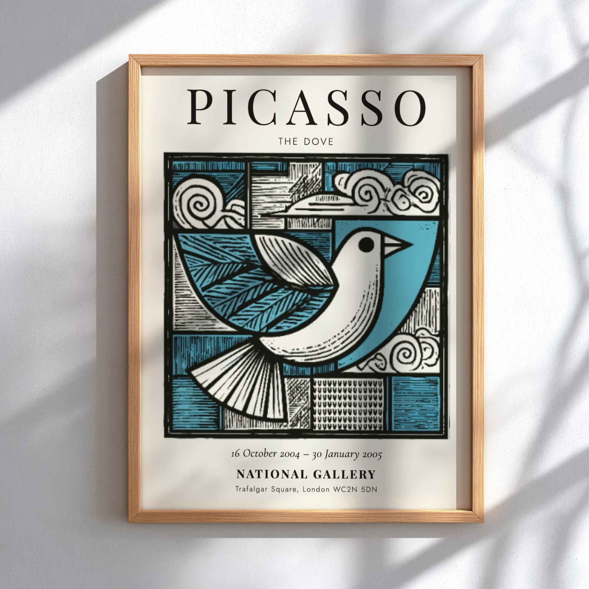 Picasso-inspired poster featuring a dove in soft blue and earthy tones