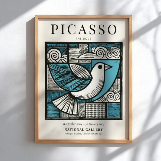 Picasso-inspired poster featuring a dove in soft blue and earthy tones