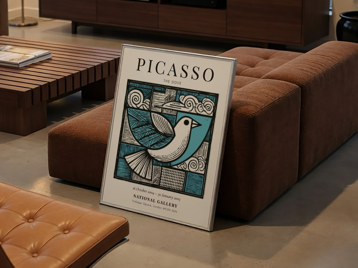 Picasso-inspired poster featuring a dove in soft blue and earthy tones