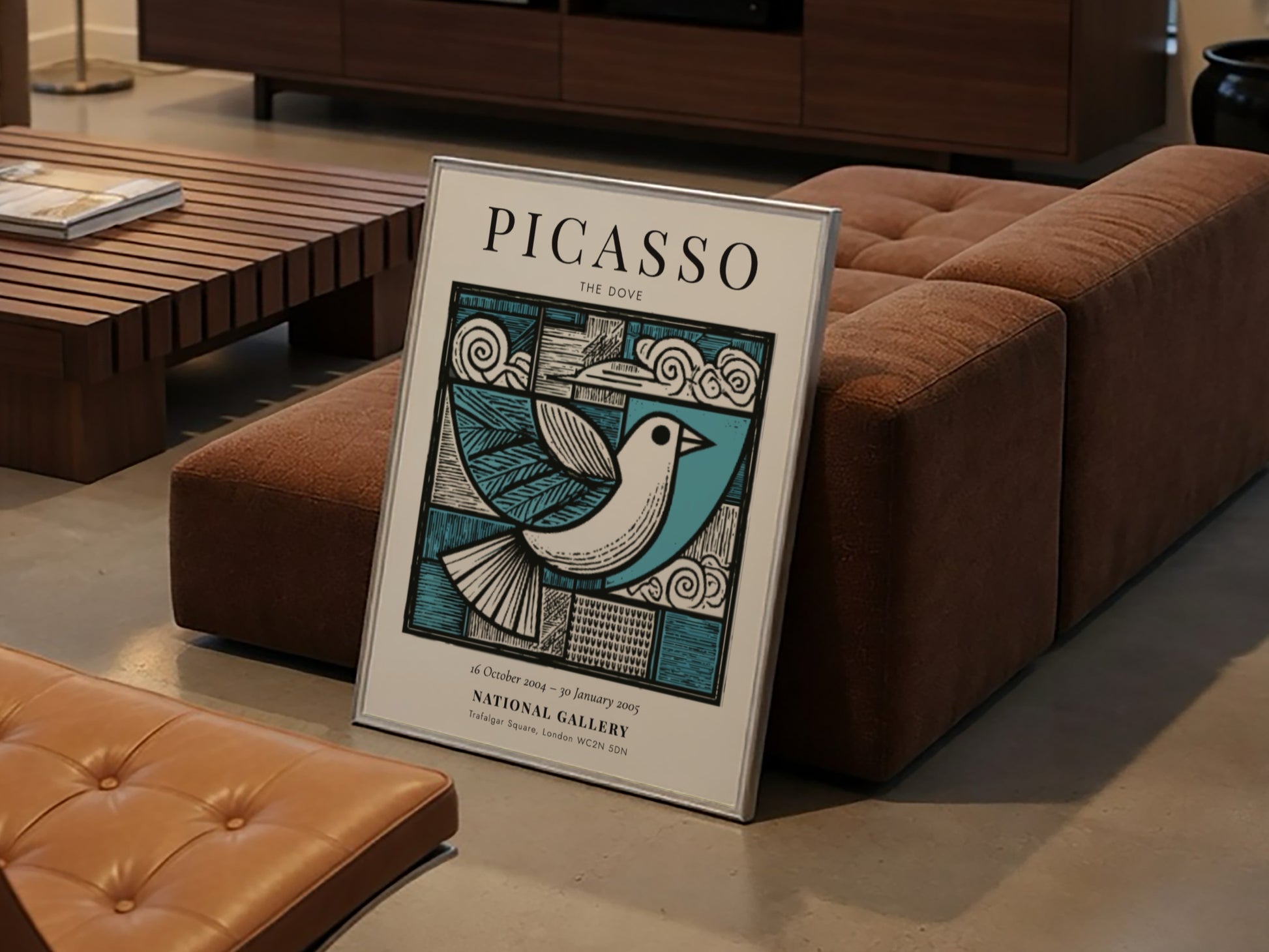 Picasso-inspired poster featuring a dove in soft blue and earthy tones