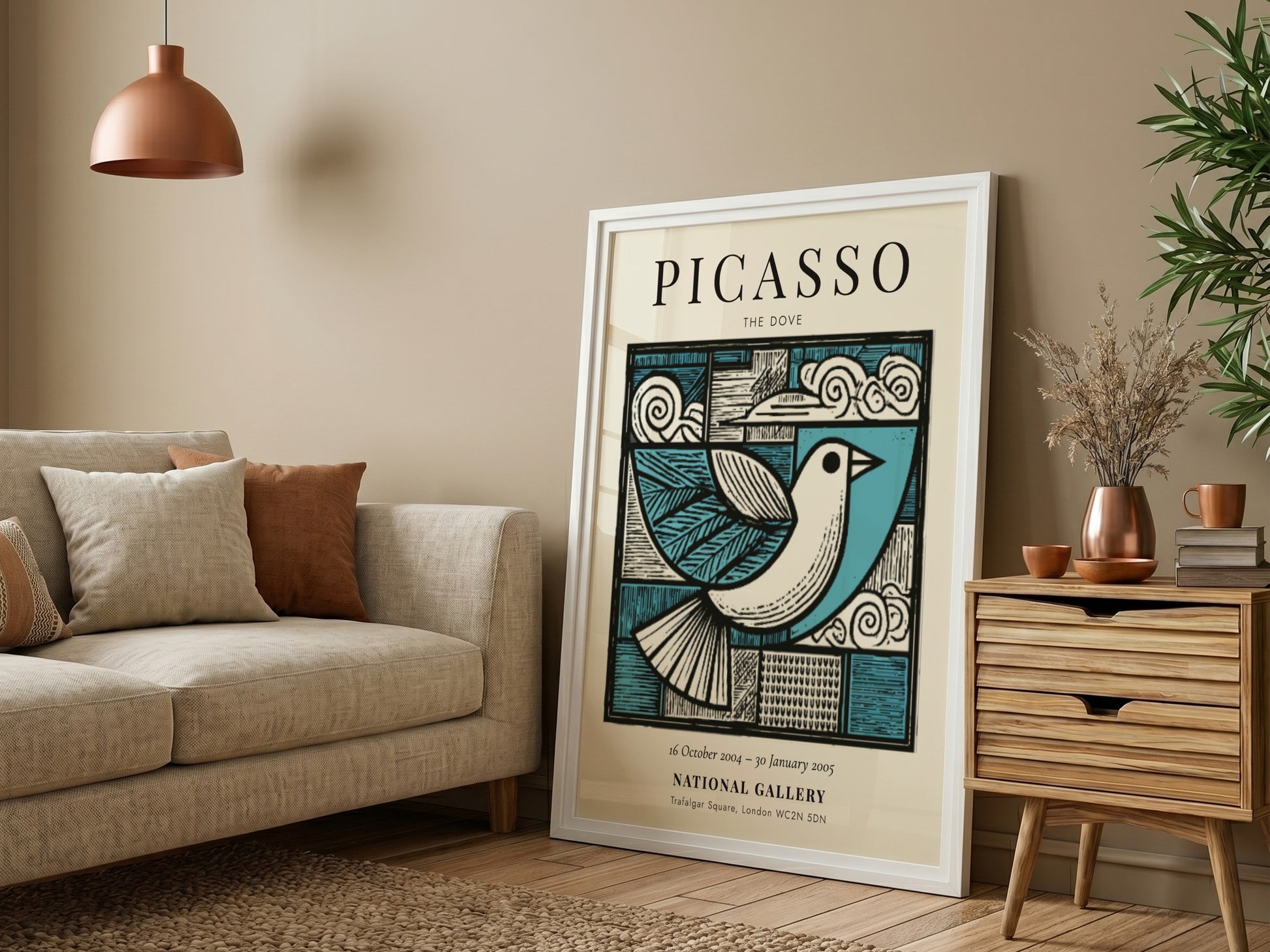Picasso-inspired poster featuring a dove in soft blue and earthy tones