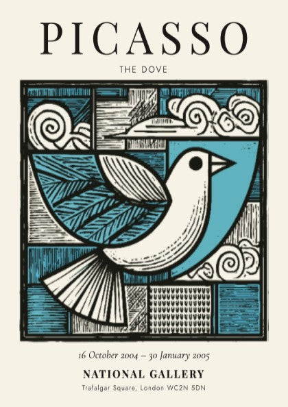 Picasso-inspired poster featuring a dove in soft blue and earthy tones