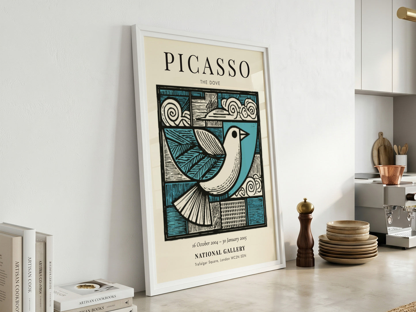 Picasso-inspired poster featuring a dove in soft blue and earthy tones