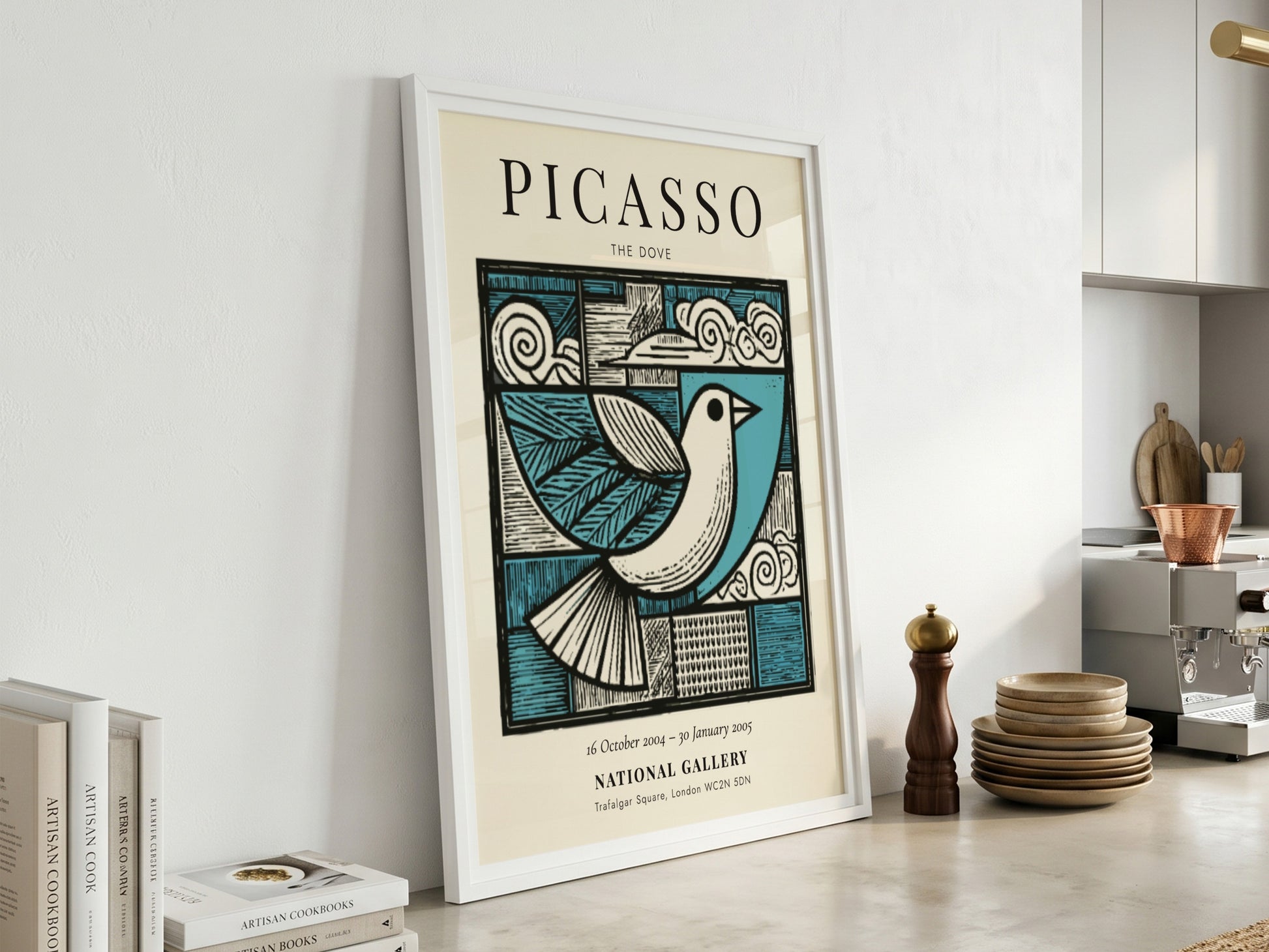Picasso-inspired poster featuring a dove in soft blue and earthy tones