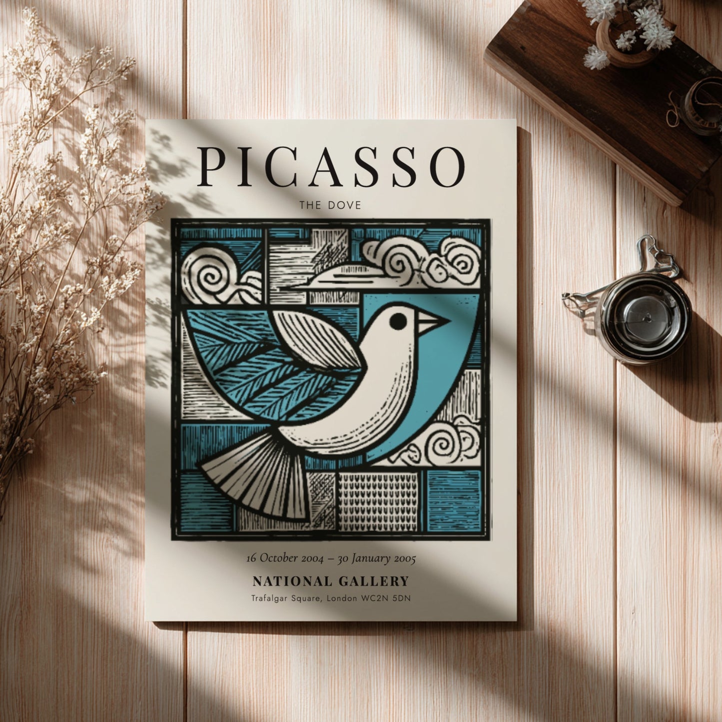 Picasso-inspired poster featuring a dove in soft blue and earthy tones