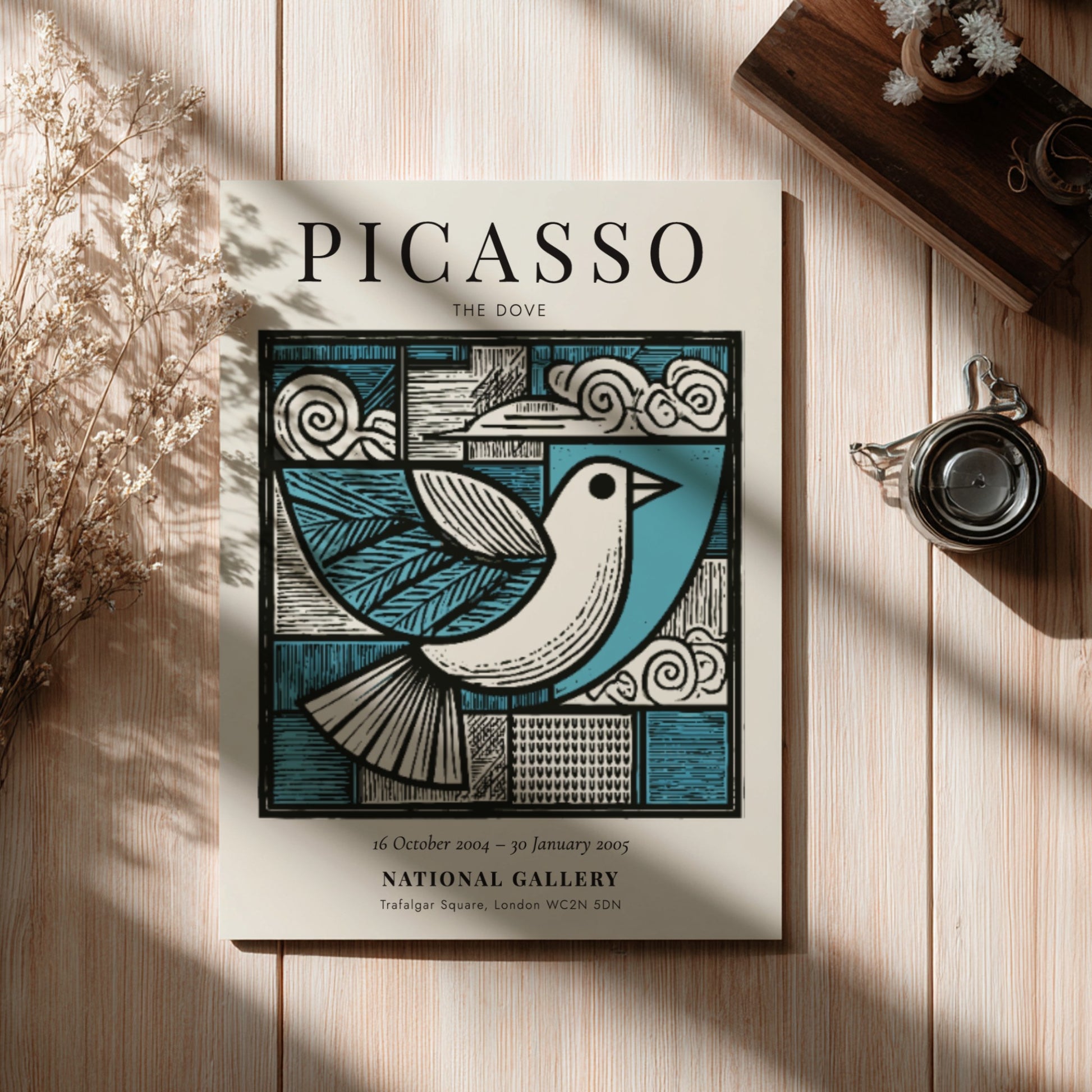 Picasso-inspired poster featuring a dove in soft blue and earthy tones
