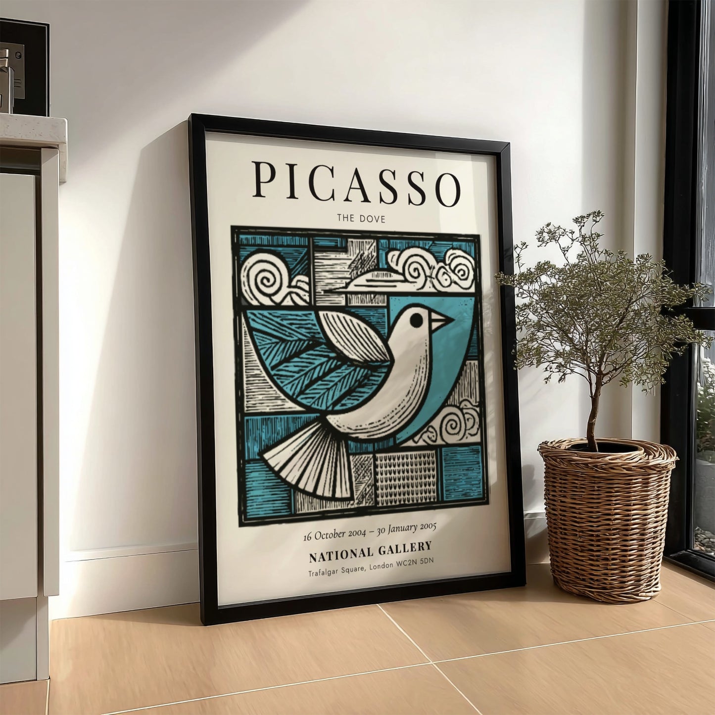 Picasso-inspired poster featuring a dove in soft blue and earthy tones