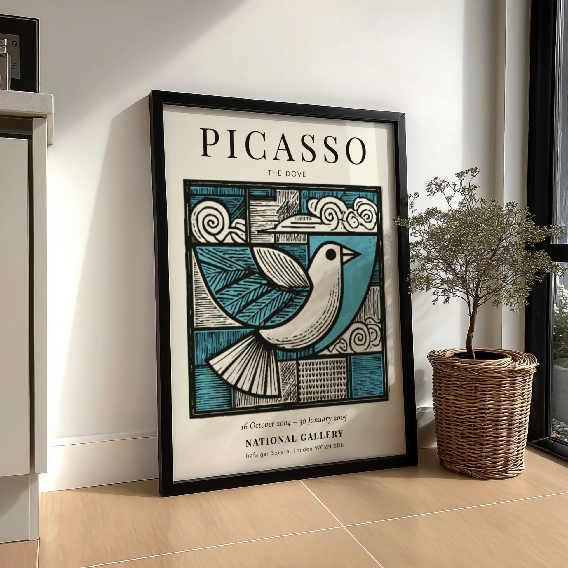 Picasso-inspired poster featuring a dove in soft blue and earthy tones