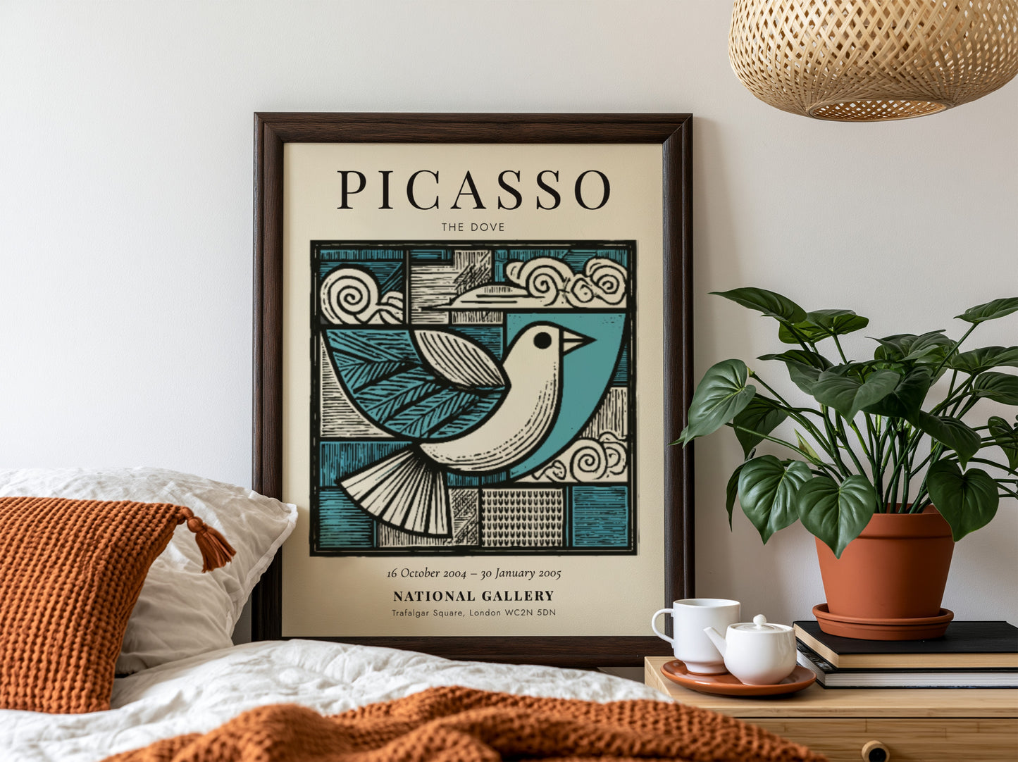 Picasso-inspired poster featuring a dove in soft blue and earthy tones