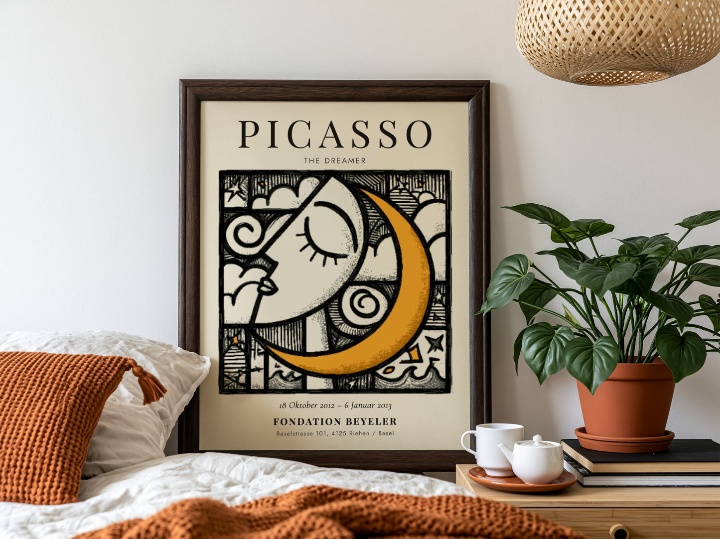 Picasso inspired poster featuring a serene face and crescent moon in vibrant colors