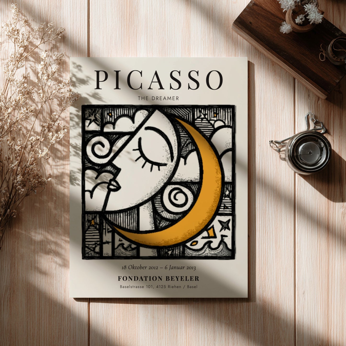 Picasso inspired poster featuring a serene face and crescent moon in vibrant colors