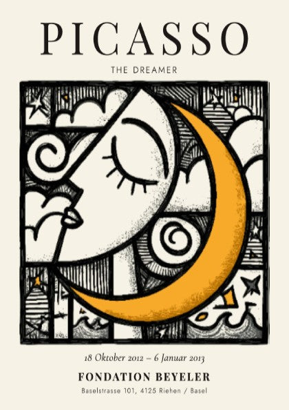Picasso inspired poster featuring a serene face and crescent moon in vibrant colors