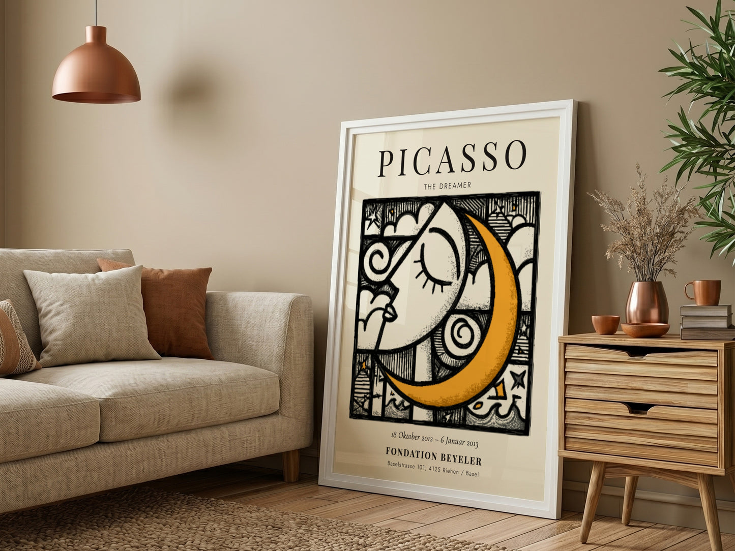 Picasso inspired poster featuring a serene face and crescent moon in vibrant colors
