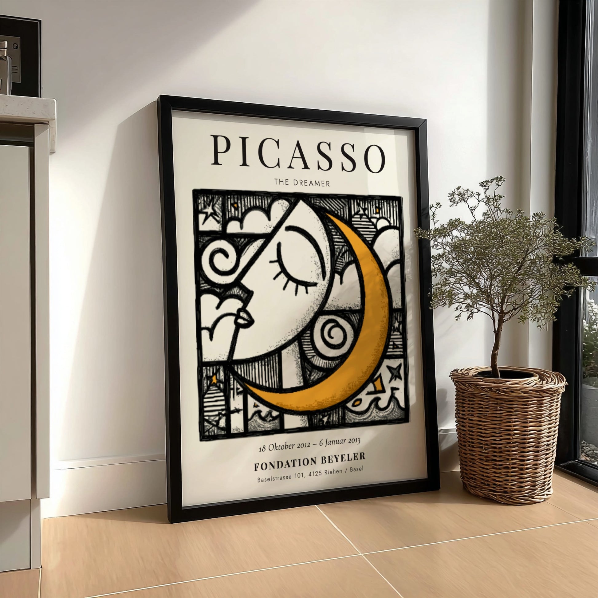 Picasso inspired poster featuring a serene face and crescent moon in vibrant colors