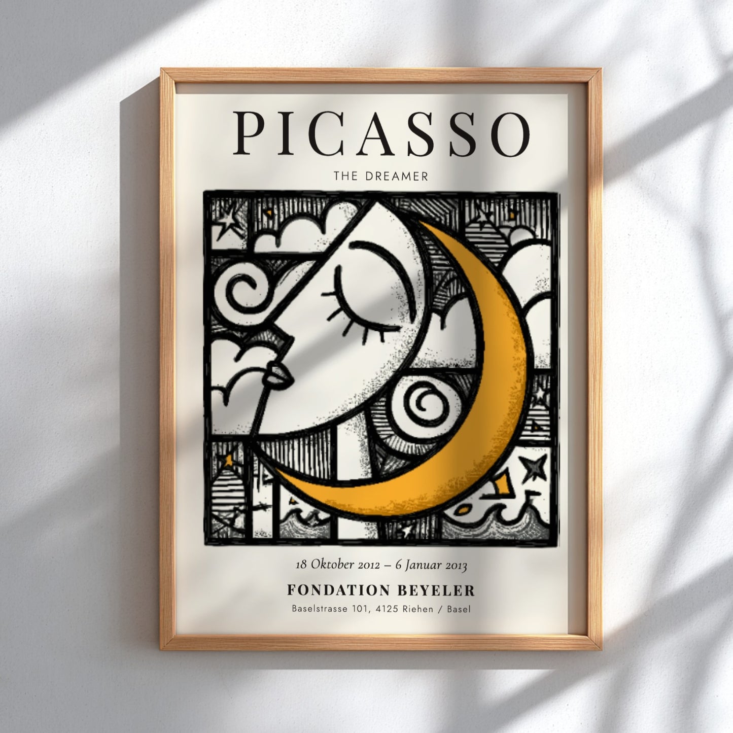 Picasso inspired poster featuring a serene face and crescent moon in vibrant colors