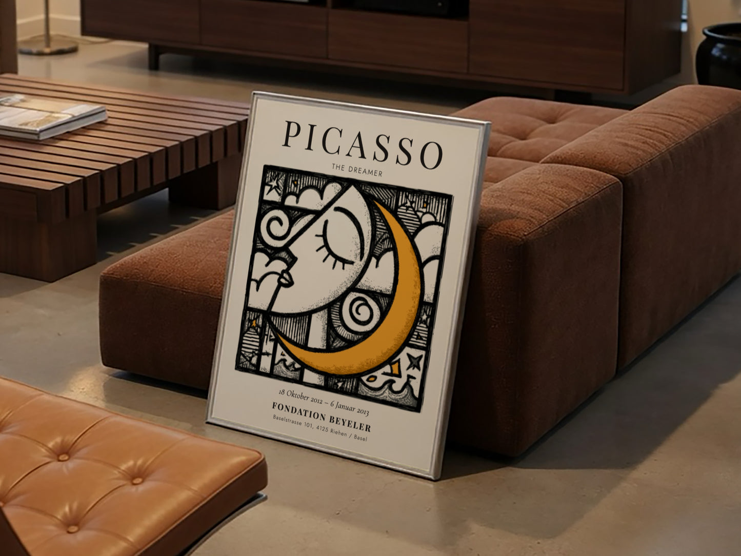 Picasso inspired poster featuring a serene face and crescent moon in vibrant colors