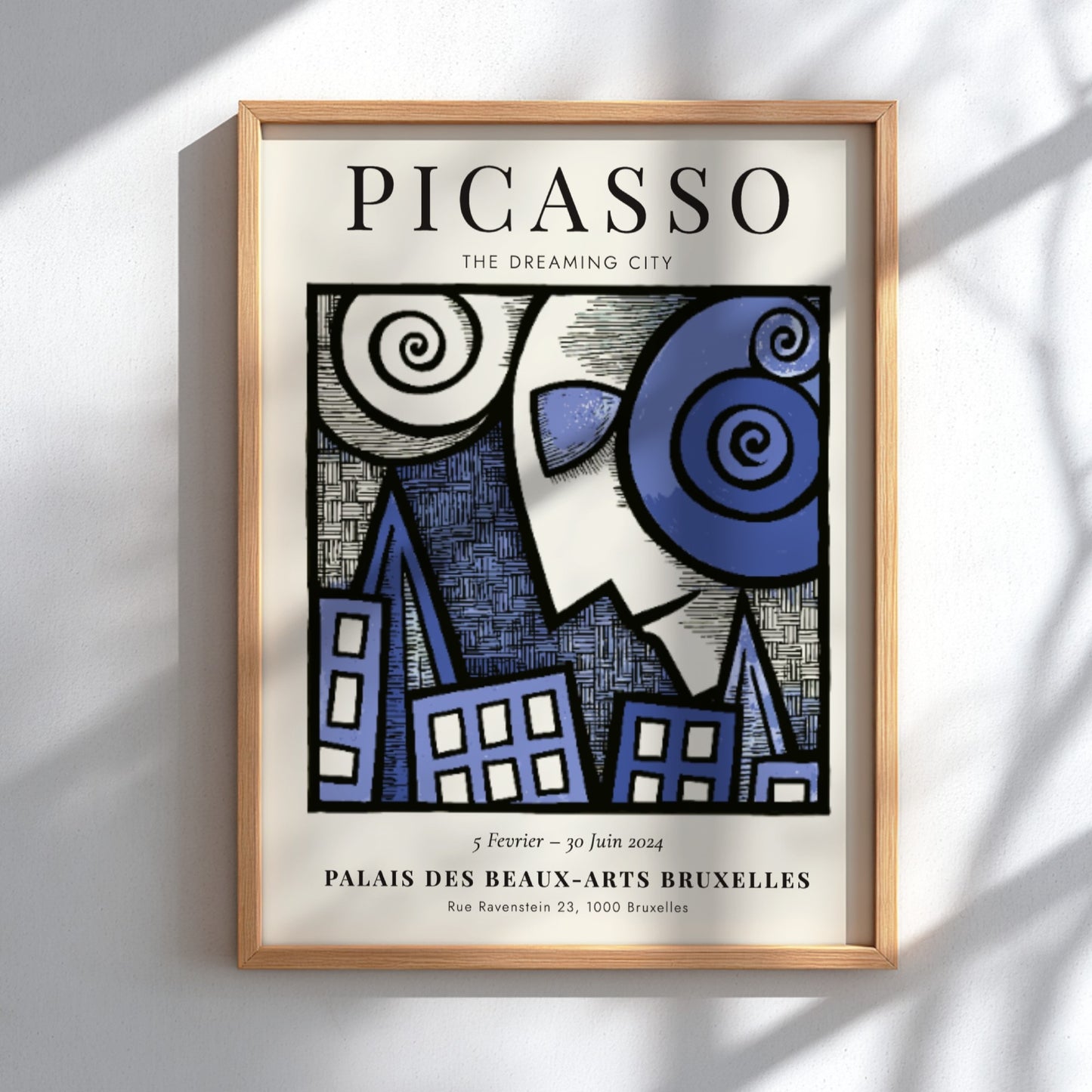 Picasso inspired poster featuring swirling forms and blue tones in a dreamlike urban landscape