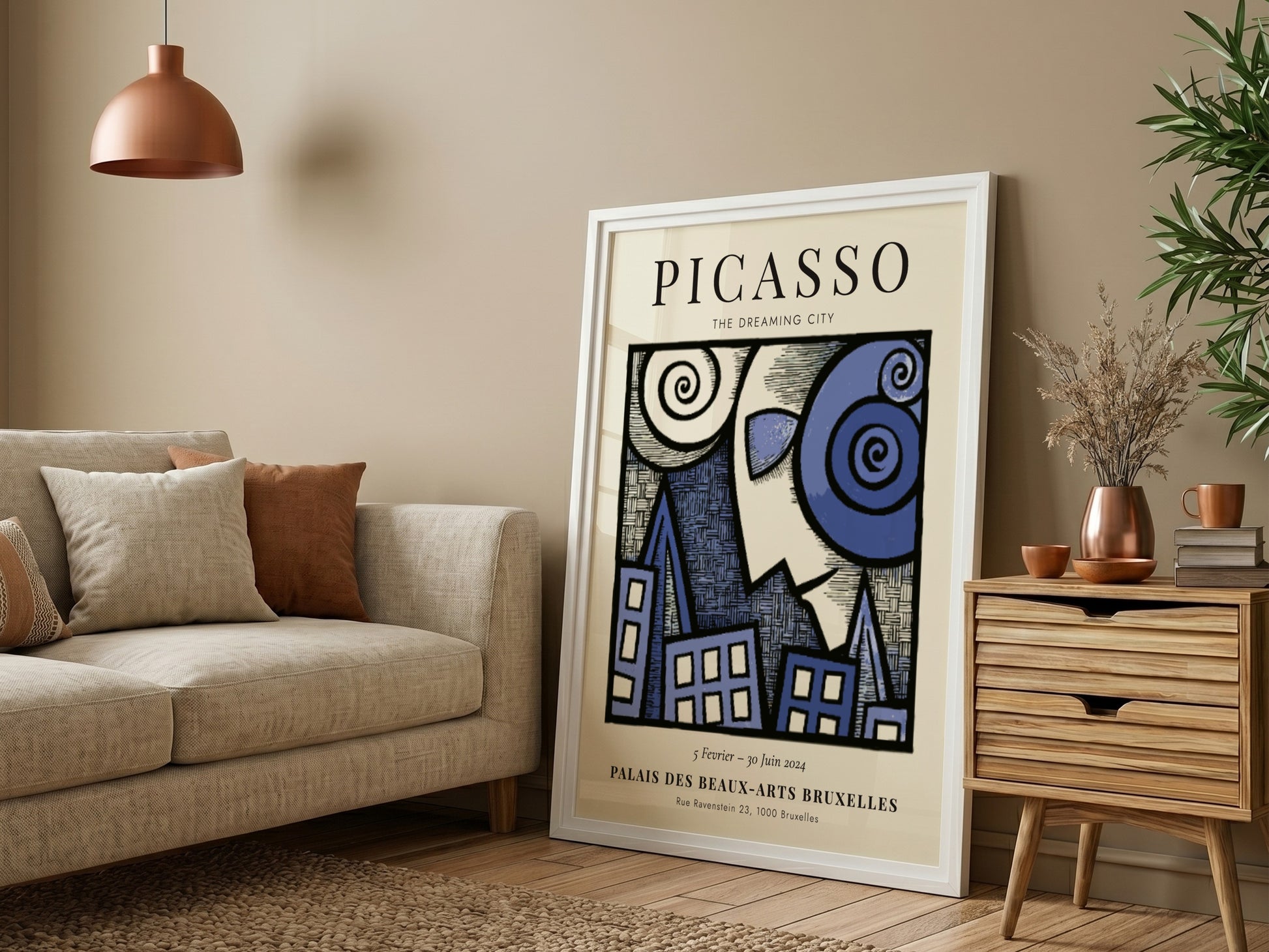 Picasso inspired poster featuring swirling forms and blue tones in a dreamlike urban landscape