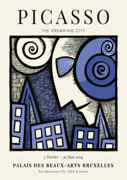 Picasso inspired poster featuring swirling forms and blue tones in a dreamlike urban landscape