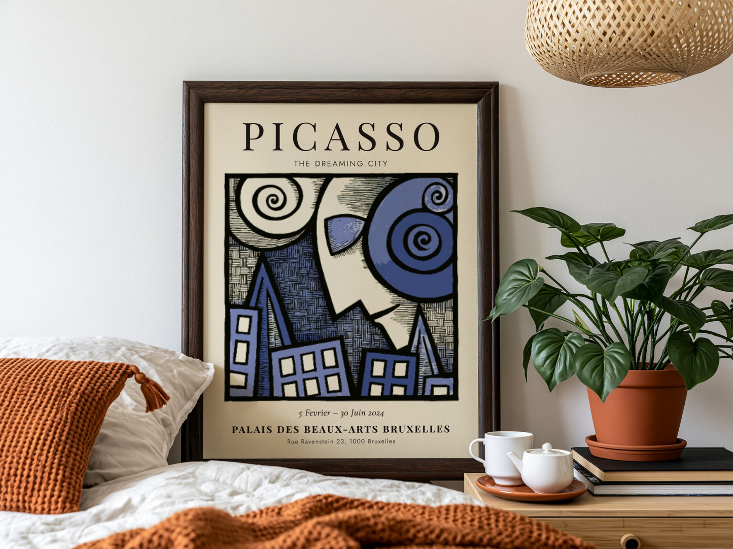 Picasso inspired poster featuring swirling forms and blue tones in a dreamlike urban landscape