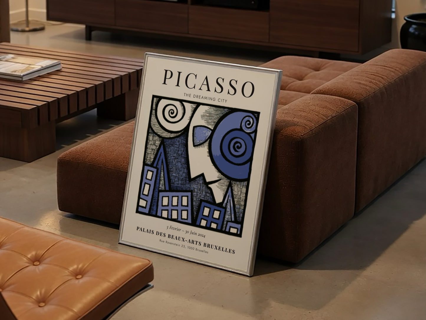 Picasso inspired poster featuring swirling forms and blue tones in a dreamlike urban landscape
