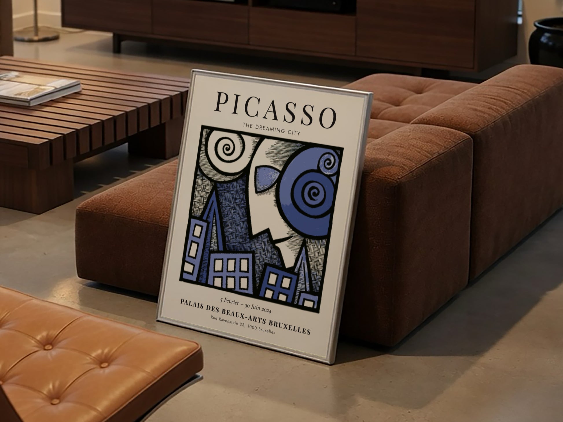 Picasso inspired poster featuring swirling forms and blue tones in a dreamlike urban landscape