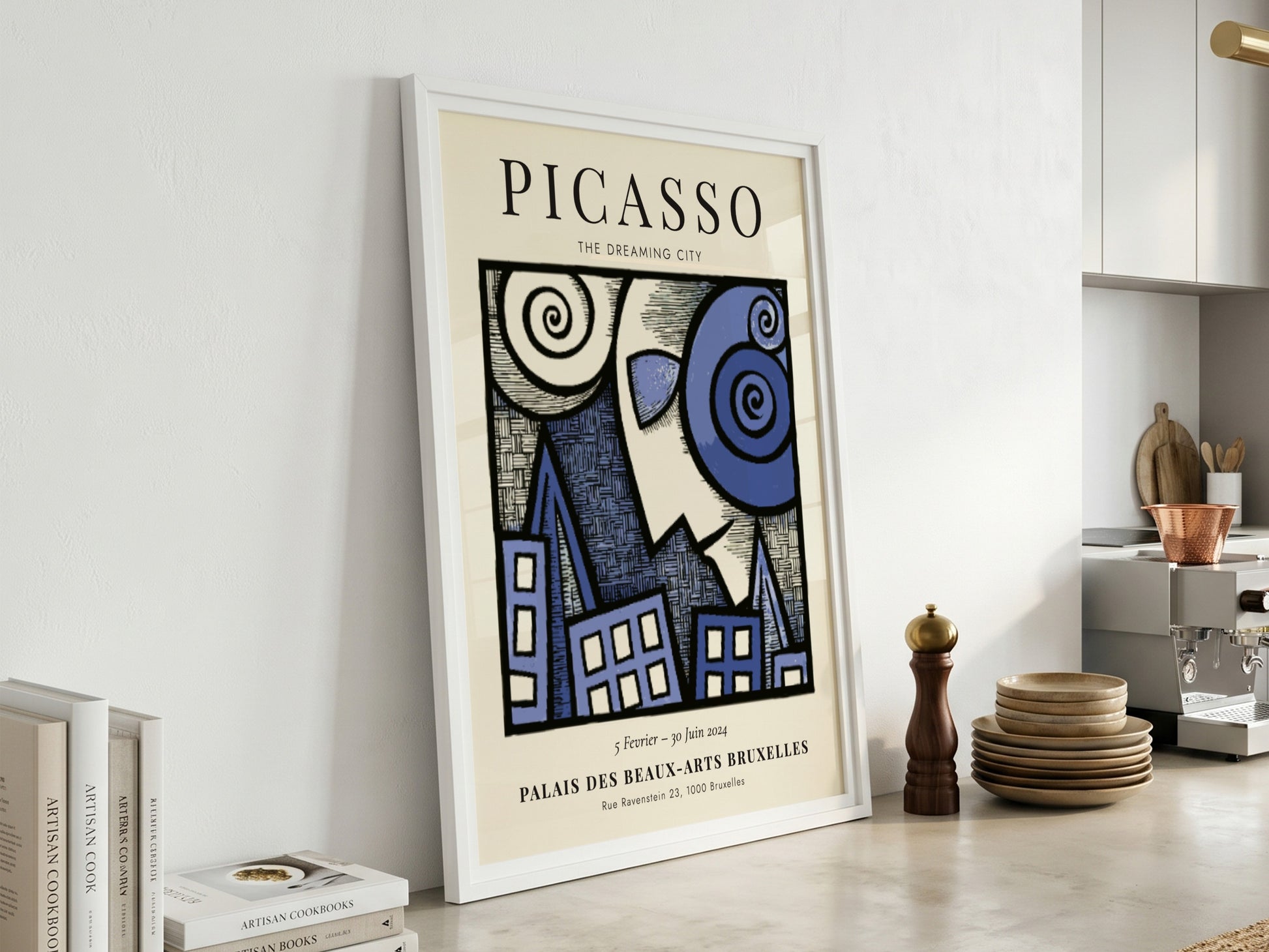 Picasso inspired poster featuring swirling forms and blue tones in a dreamlike urban landscape