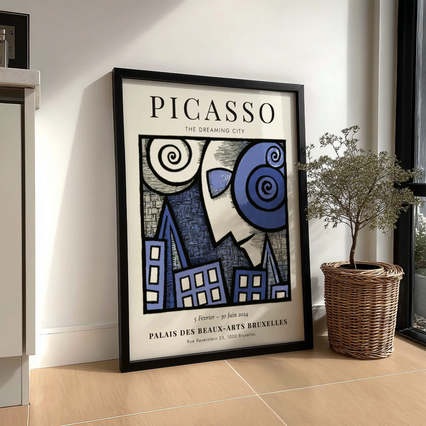 Picasso inspired poster featuring swirling forms and blue tones in a dreamlike urban landscape