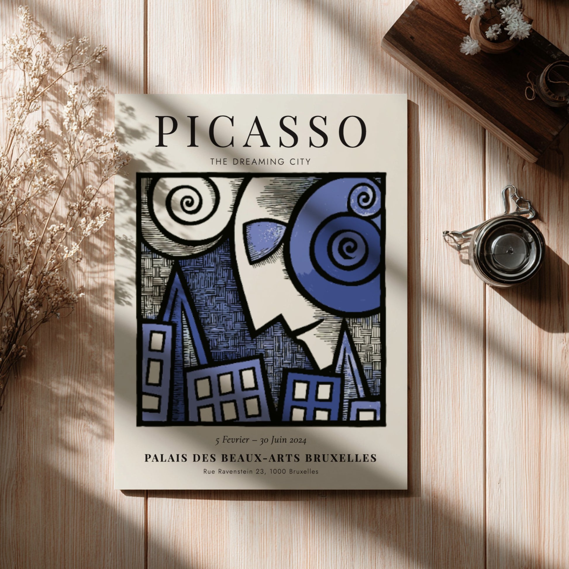 Picasso inspired poster featuring swirling forms and blue tones in a dreamlike urban landscape