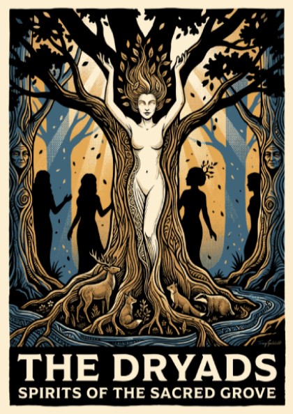 Poster featuring a mythological forest scene with a tree spirit in blue gold