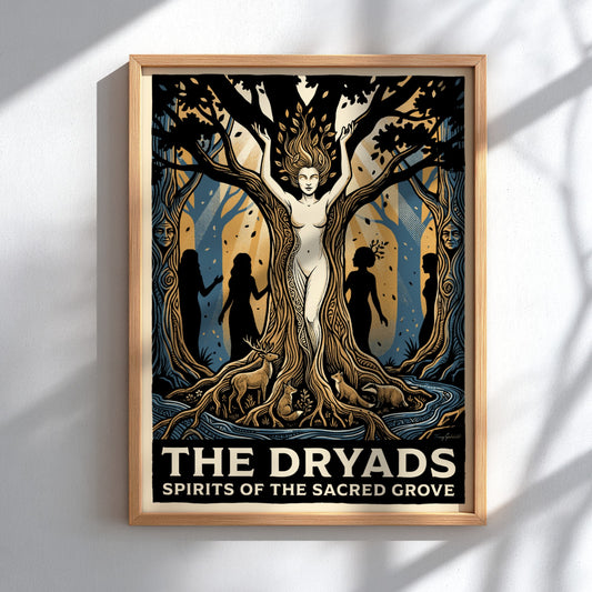 Poster featuring a mythological forest scene with a tree spirit in blue gold